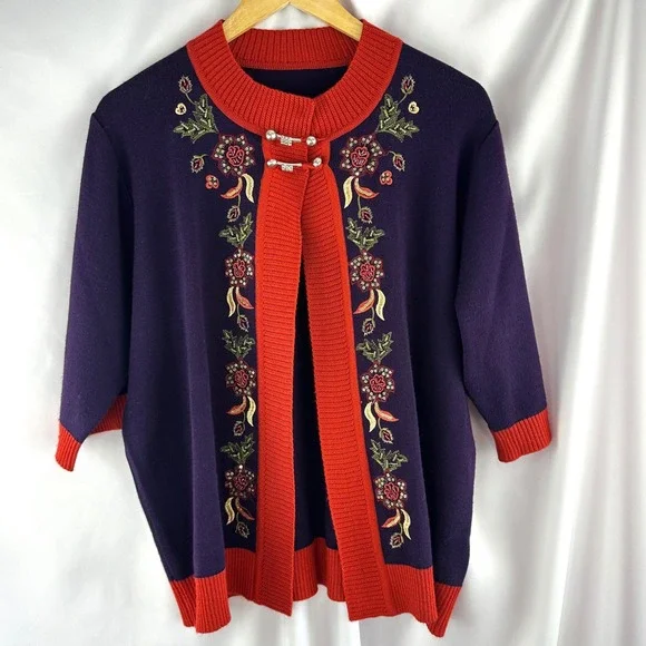 Wool‎ Blend Beaded Embroidered Sequin Open Cardigan Sweater Purple Red Floral - Picture 15 of 17
